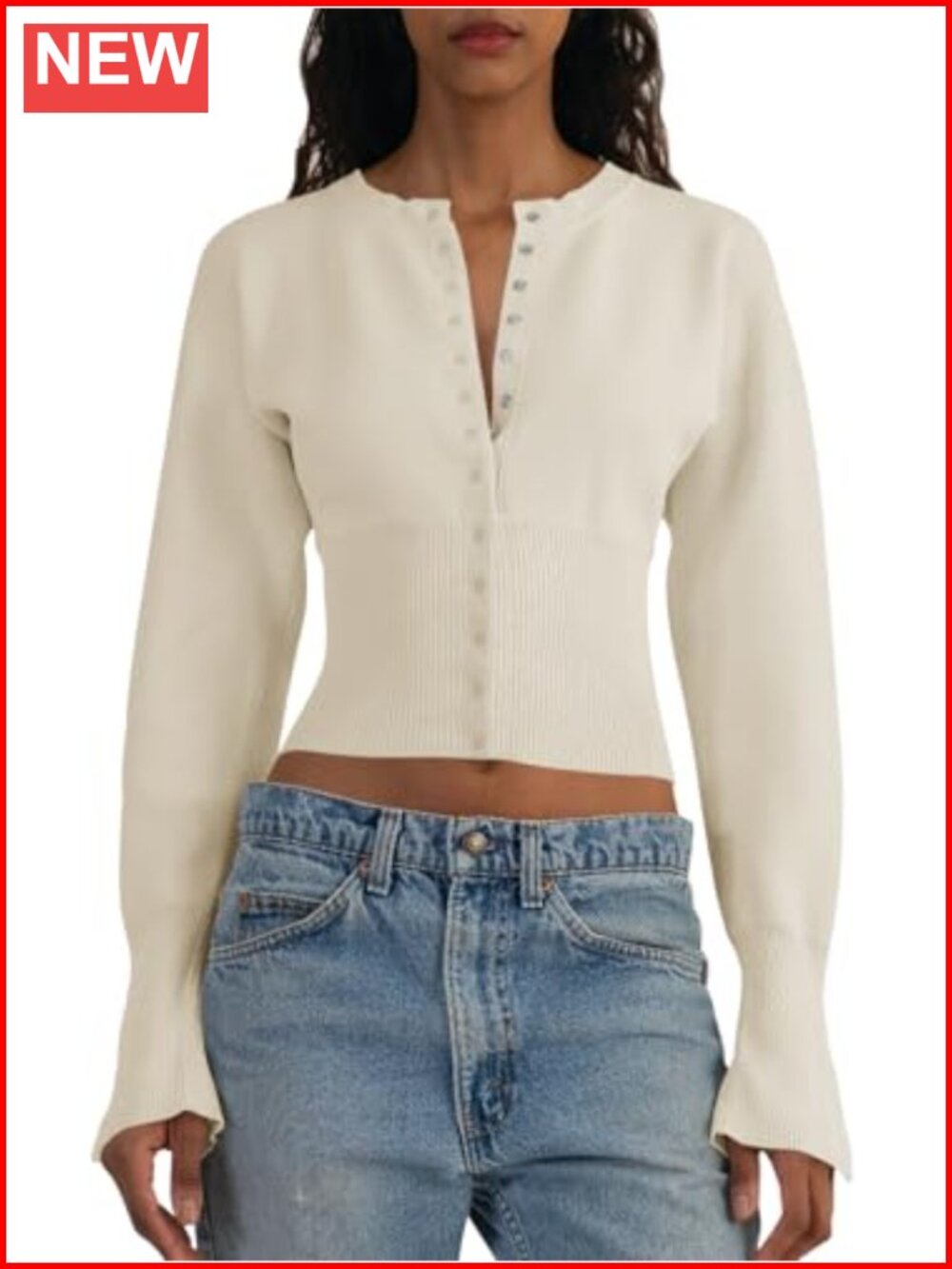 Women's Cropped V-Neck Button Down Cardigan Sweater Slim Fit Long Sleeve